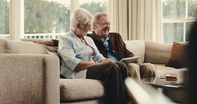 Senior, couple and laughing with tablet on sofa for funny joke, movie or online streaming in home. Elderly, man and woman with smile or technology for comedy show, entertainment or humor in house