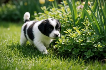 Obraz premium Black, white spotted puppy walks through grass garden in spring. Fluffy young dog sniffs flowers, green plants in backyard. Cute mammal with adorable face, floppy ears explore outdoor field. Furry