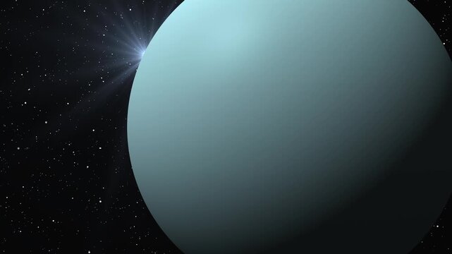 Planet Uranus in deep space with bright star flare and dark starry background.