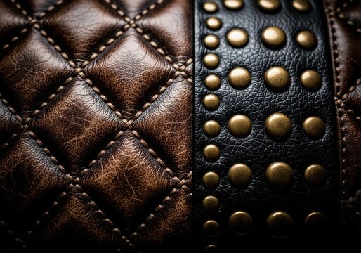 Closeup of a textured brown leather with diamond stitching and a band of brass studs