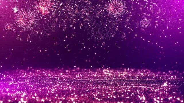 Luxury violet festive glowing fireworks, sparkling glitter surface, ambiance. premium celebration party intros, event presentations, greeting visuals, festive overlays, holiday digital backgrounds.