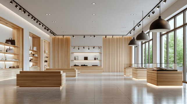 Bright contemporary blank store interior with wooden display shelves, modern lighting, large windows, and minimalist design for retail space