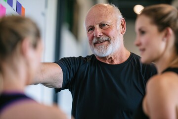 Fototapeta premium Coach explaining color - coded exercise plan to clients in modern training studio