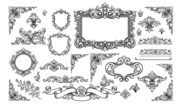 Set of vintage baroque and rococo decorative elements featuring floral scrolls and ornate frames, concept for antique invitation, luxury packaging and elegant logo design