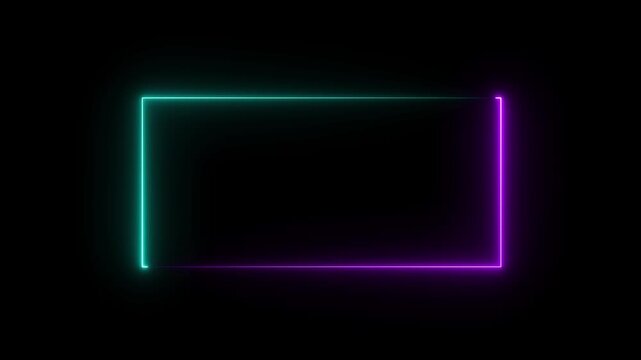 Multicolor neon rectangular frame with purple, cyan and green glowing edges on a black background for futuristic digital interface and abstract visual design