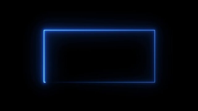 Blue neon rectangular frame with glowing outline and dark center on a black background for futuristic digital interface and abstract graphic design