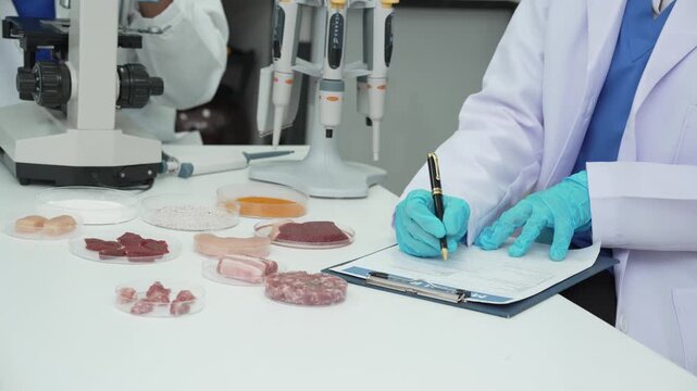 Scientist in a lab coat and gloves writing notes beside petri dishes and meat samples during food testing in a modern laboratory.