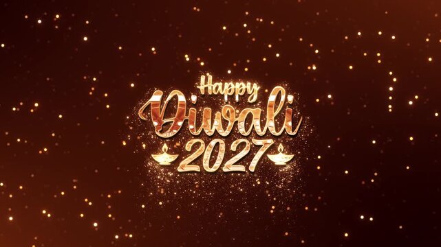 Premium Diwali 2027 greeting design shining gold lettering, glitter dust, festive lamp accents warm backdrop. holiday wishes, promotional , celebration intros, branding visuals, seasonal greetings.
