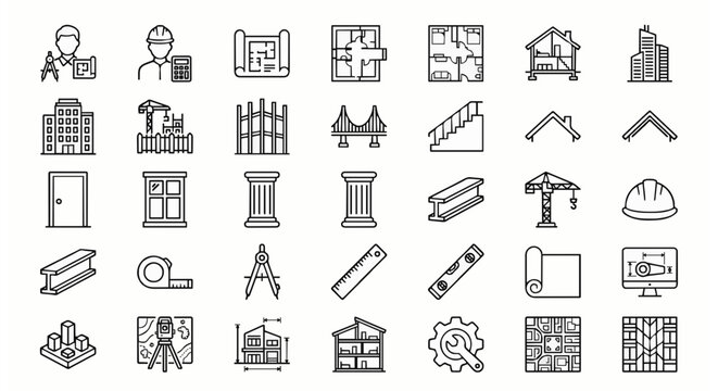 Pixel perfect architecture icon pack with engineer blueprint building and construction vector symbols