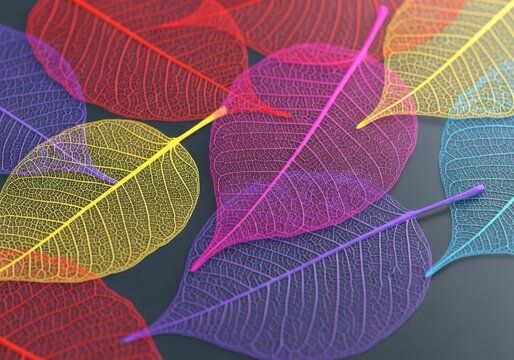 Colorful skeleton leaves in vibrant rainbow colors, detailed veins, abstract background, macro photography