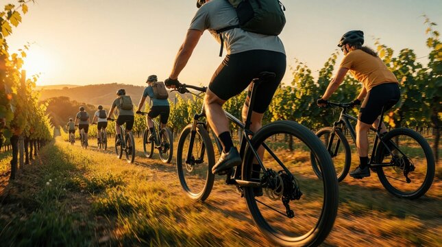 Group of friends mountain biking through sunny vineyard rows. Cyclists enjoy active journey, fresh air, and scenic rural landscape at sunset. Outdoor leisure and healthy fun.