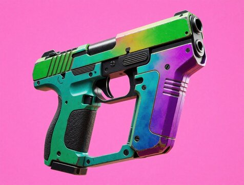 Futuristic handgun with vibrant green and purple metallic finish floats against a bright pink backdrop. This modern firearm has a sleek, stylized design suitable for sci fi concepts.