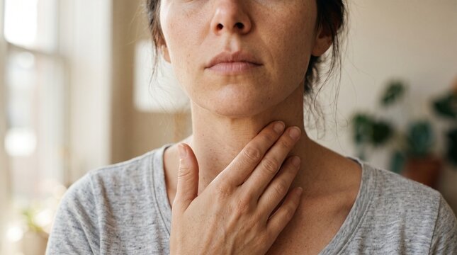 Sore Throat Discomfort: A close-up of a woman touching her throat, a clear sign of discomfort and pain, possibly indicating a sore throat or illness.