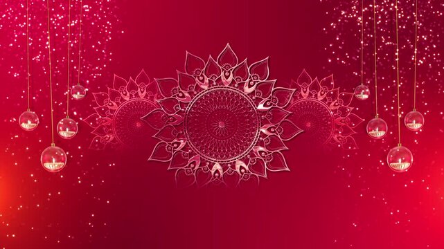 Elegant festive composition diya globes, mandala artwork, rich red tones filled sparkling lights. Diwali wishes, spiritual cultural invitations, branding content, festival celebration visuals.