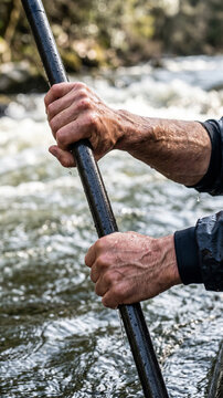 Close up of strong hands gripping a kayak paddle over rushing river water