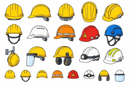 Vector illustration collection of diverse safety hard hats for construction and industrial work, isolated on white. Includes various colors and types.