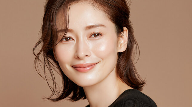 日本人, 女性, 50代, 40代, ミドル, シニア, 美容, スキンケア, エイジングケア, 健康, ライフスタイル, 美人, ナチュラル, 清潔感, 透明感, 白背景, コピースペース, 広告素材, 信頼感, 微笑み, ウェルビーイング, 上半身, 視線, ポニーテール, 化粧品, エステ, 自己肯定感, オーセンティック, ポジティブエイジング, 日本, ウェルエイジング, サプリメント,