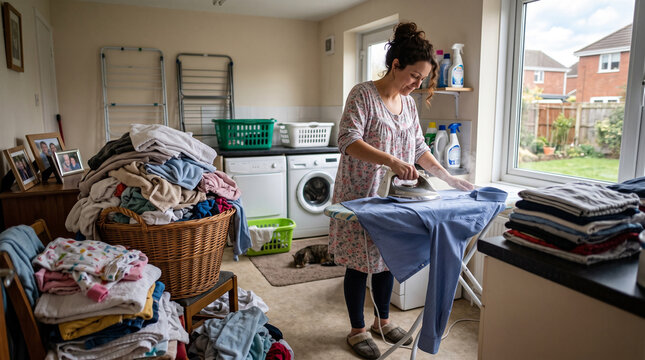 Housewife ironing clothes in laundry room. Woman doing household chores at home.