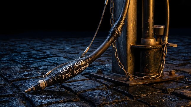 A public air pump resting on dark cobblestones symbolizes community support and open accessibility, offering an extended lifeline to anyone in need.