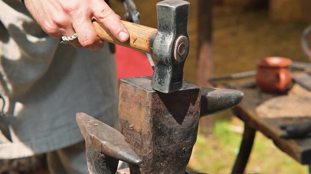 A man is hammering metal on an anvil in a reenactment setting. He is wearing simple clothing and focused on shaping the metal piece while tools are visible around him