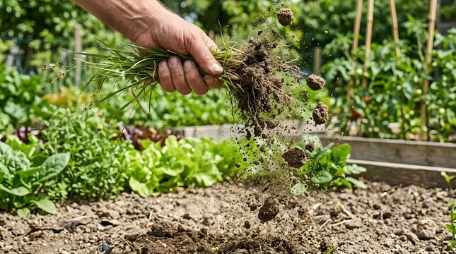 Hand pulling green weeds out of dry soil
