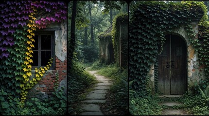 Obraz premium Collage shows old building facade with ivy colorful leaves. Winding stone path goes into lush green forest toward weathered doorway and ancient brick structure overgrown with plants.