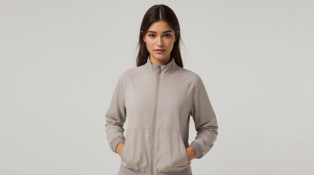Athletic Asian woman wearing plain zip up sports jacket with hands in pockets
