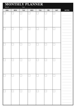 Minimalistic undated monthly planner template page with daily grid and notes section (A4 format) - design for printable planners, office stationery, and digital journal pages. JPEG version.