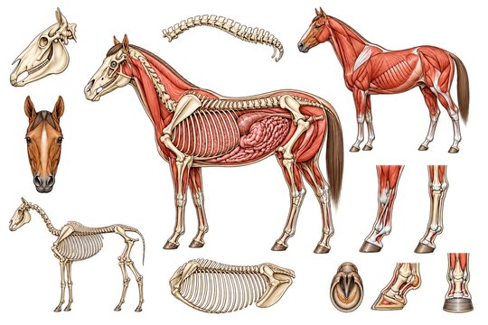 Comprehensive horse anatomy diagram: muscles, skeleton, and internal organs. Ideal for veterinary science and biology education.