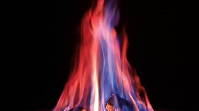 Vibrant Red and Blue Fire Flames Rising from Burning Charcoal Base