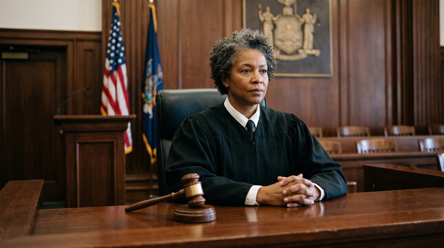 Female judge sitting in a courtroom. Professional magistrate presiding with a wooden gavel.