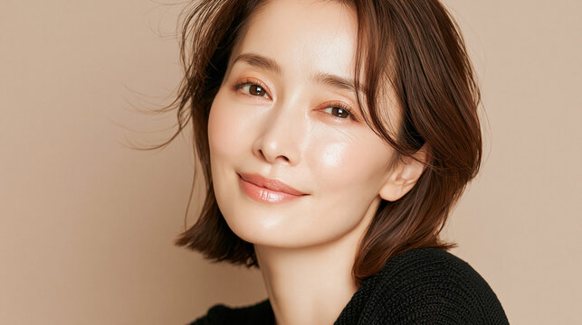 日本人, 女性, 50代, 40代, ミドル, シニア, 美容, スキンケア, エイジングケア, 健康, ライフスタイル, 美人, ナチュラル, 清潔感, 透明感, 白背景, コピースペース, 広告素材, 信頼感, 微笑み, ウェルビーイング, 上半身, 視線, ポニーテール, 化粧品, エステ, 自己肯定感, オーセンティック, ポジティブエイジング, 日本, ウェルエイジング, サプリメント,