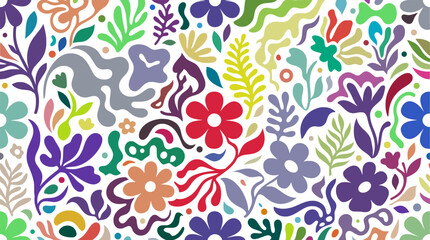 Fototapeta premium Colorful abstract floral seamless texture. vibrant folk art flowers, whimsical leaves, organic shapes. for childish fabric print, playful wrapping paper. flat colorful vector pattern.