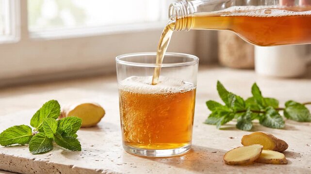 Pouring Kombucha Tea from Bottle into Glass with Mint and Ginger