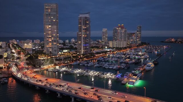 Miami marina with luxury yacht. Summer sunset vacation. Luxury South beach marina. Luxury yacht. Miami south beach view. Yacht club. Marina in Miami, Florida on sunset. Coastal marina skyline