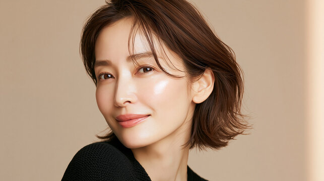 日本人, 女性, 50代, 40代, ミドル, シニア, 美容, スキンケア, エイジングケア, 健康, ライフスタイル, 美人, ナチュラル, 清潔感, 透明感, 白背景, コピースペース, 広告素材, 信頼感, 微笑み, ウェルビーイング, 上半身, 視線, ポニーテール, 化粧品, エステ, 自己肯定感, オーセンティック, ポジティブエイジング, 日本, ウェルエイジング, サプリメント,