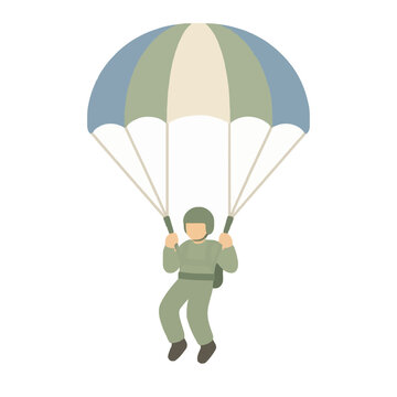 Hand-traced vector illustration of a skydiver descending gently beneath a striped blue, green, and cream parachute, wearing helmet and backpack in calm muted tones