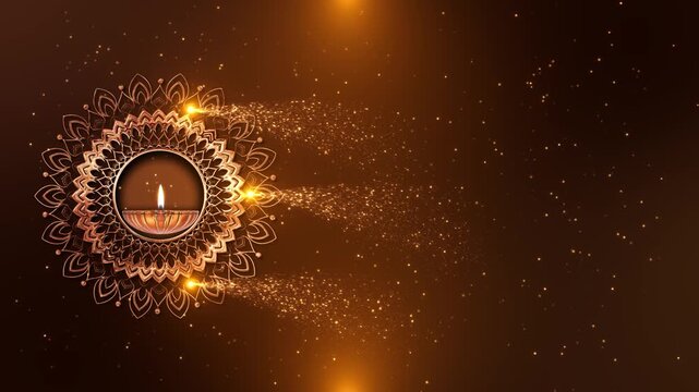 Elegant Diwali lamp framed detailed golden mandala flowing glitter dust warm amber festive wishes, spiritual event premium invitations, Indian cultural promotions, celebration intros, holiday designs.