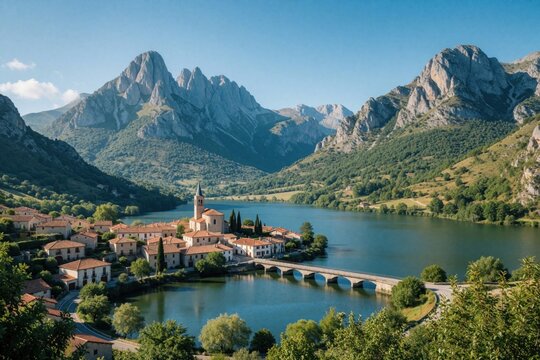 Picturesque village nestles by calm lake below rugged mountain peaks. Stone bridge connects old town with church spire. Rich green hills surround tranquil blue water scenic landscape.
