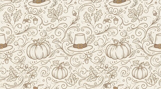 Seamless pattern with pumpkins, pilgrim hats, and oak leaves for thanksgiving celebration, handdrawn doodle style illustration
