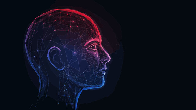 A polygonal human head illustration features a gradient of blue and red hues against a dark background portrait