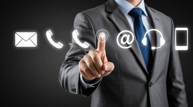 Man in suit interacts with digital contact icons. Choosing communication methods like email phone or headset for business support and info access.