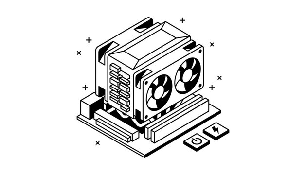 Powerful computer graphics card hardware component with dual cooling fans mounted on motherboard circuit board linear illustration