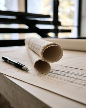 Architectural drawing construction plan blueprint rolled paper pen desk window sunlight workspace design inspiration