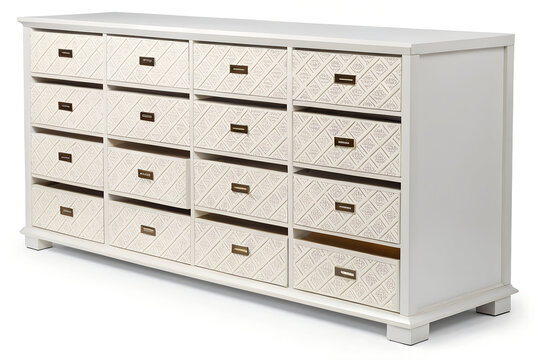 White wooden storage cabinet with multiple drawers and wicker baskets, furniture