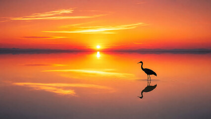 Fototapeta premium Serene Crane Silhouette at Sunset Over Calm Water