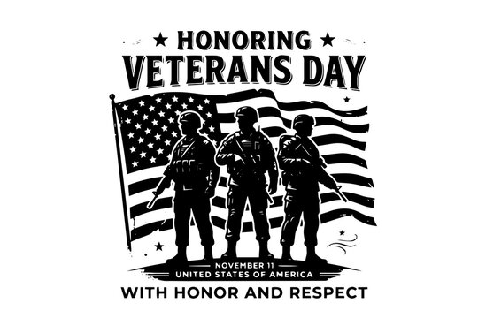 Honoring veterans day with silhouettes of soldiers in front of american flag