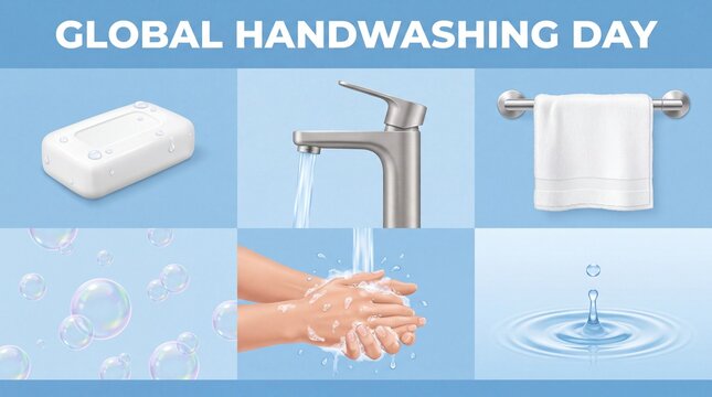 Global handwashing day concept with soap, water, towel, and hand washing illustration