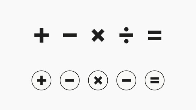 Mathematical operation symbols presented as flat icons with circular and linear variations addition subtraction multiplication division equals mathematics