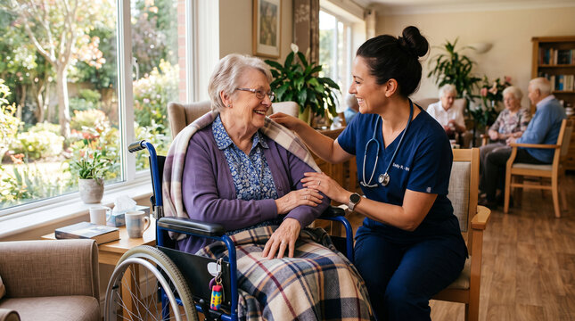 Nurse caring for senior woman in wheelchair. Caregiver assisting elderly patient indoors.